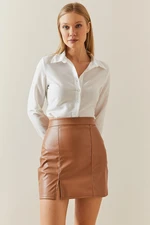 XHAN Tan High Waist Slit Leather Look Mini Skirt