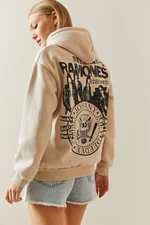 XHAN Cream Charcoal & Back Printed Hooded Sweatshirt