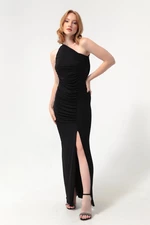 Lafaba Women's Black One-Shoulder Off-the-Shoulder Split Long Evening Dress with a Slit