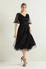 Lafaba Women's Black Balloon Sleeve Silvery Evening Dress
