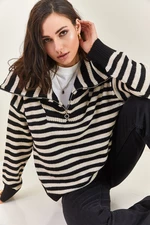 Bianco Lucci damski sweter z golfem i zamkiem błyskawicznym w paski oversize