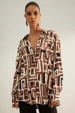 Trendyol Light Brown Geometric Pattern Premium Oversize/Creature Satin Woven Shirt