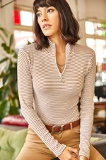 Olalook Women's Striped Mink Zippered Turtleneck Lycra Blouse