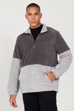 AC&Co / Altınyıldız Classics Men's A.melange G.melange Standard Fit Stand Collar Kangaroo Pocket Double Color Sherpa Fleece Sweatshirt