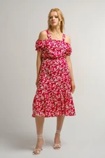 armonika Women's Red Patterned Dress with Straps and Elastic Waist