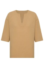 XHAN Tan V-Neck Poor Sleeves, Oversized Linen Shirt 2x1x2-45964-30