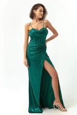 Lafaba Women's Emerald Green Underwire Corset Detailed Sequined Long Evening Dress with a Slit.