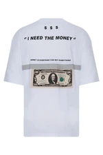 XHAN White Oversized T-shirt with Dollar Detail with a Printed Back