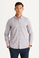 AC&Co / Altınyıldız Classics Men's Navy Blue-Mustard Slim Fit Slim Fit Button Collar Logo Pocket Cotton Striped Shirt