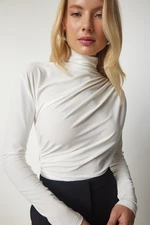 Happiness İstanbul Women's Ecru Shirring Detail Standing Collar Sandy Blouse