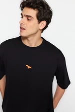 Trendyol Black Men's Oversize/Wide Cut Crew Neck Short Sleeve Dinosaur Embroidery 100% Cotton T-Shirt.