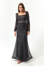 Lafaba Women's Black Square Neck Stoned Belted Long Evening Dress.