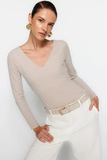 Trendyol Stone Smart Crepe Fitted/Skinned V-Neck Flexible Knitted Body with Snap Button