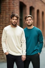 Trendyol Petrol-Ecru Men's Pack of 2 100% Cotton Long Sleeve Regular Cut Basic T-Shirt