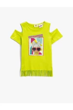 Koton Lol Printed T-Shirt with Tassels Licensed Window Detail Cotton.