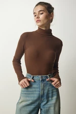 Happiness İstanbul Women's Brown Turtleneck Ribbed Knitted Blouse