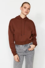 Trendyol Brown Thick Fleece Hoodie. Relaxed-Cut Crop Basic Knitted Sweatshirt