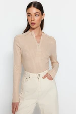 Trendyol Beige Zipper Collar Fitted/Situated Ribbed Stretch Knit Blouse Trendyol Beige Zipper Collar Fitted/Situated Ribbed Stretch Knit Blouse