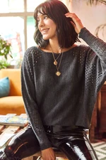 Olalook Women's Anthracite Openwork Bateau Oversized Knitwear Sweater
