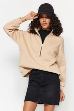 Trendyol Beige Oversize/Cross-Fit Half-Zip High Neck Fleece Knitted Sweatshirt