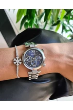 Polo Air Sport Stylish Women's Wristwatch and Zircon Stone Snowflake Bracelet Combination Silver Blue Color