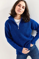Bianco Lucci Women's Zippered Turtleneck Oversized Knitwear Sweater