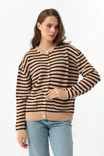 Lafaba Women's Tan Gold Buttons Striped Knitwear Cardigan