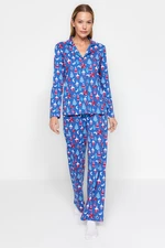 Trendyol Blue 100% Cotton Christmas Themed Shirt-Pants and Knitted Pajamas Set