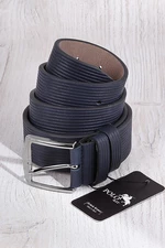 Polo Air Men's Leather Belt with Stripe Pattern, Navy Blue.