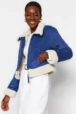 Trendyol Indigó bársony plüss részletesen kidolgozott motoros dzseki kabát