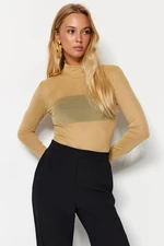 Trendyol Beige Fitted/Sleeper-Neck Tulle Knitted Knit Blouse