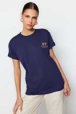 Trendyol Navy Blue 100% Cotton Embroidered Boyfriend/Wide Fit Crew Neck Knitted T-Shirt