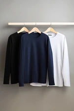 Trendyol čierno-bielo-námornícke modré pánske tričko s pravidelným/pravidelným strihom pre posádku s dlhým rukávom s dlhým rukávom 3-pack Basic. Trendyol čierno-bielo-námornícke modré pánske tričko s pravidelným/pravidelným strihom pre posádku s dlhým rukávom s dlhým rukávom 3-pack Basic.
