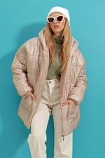 Trend Alaçatı Stili női kő kapucnis külső zseb puffer divat túlméretes kabát