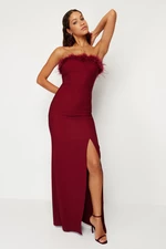 Trendyol Burgundy Fitted Weave O-Neck Evening Evening Dress