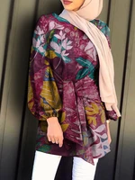 Women Flowers Print O-Neck Puff Sleeves Bandage Casual Retro Muslim Blouse