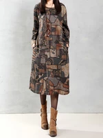 Vintage Women Loose O-Neck Long Sleeve Printed Kaftan Dress