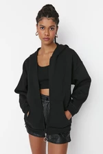 Trendyol Black Hooded With Zipper Oversized, Fleece Inside Knitted Sweatshirt