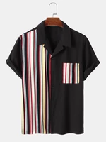 Mens Colorful Striped Printed Pocket Short Sleeve Skin Friendly Shirts