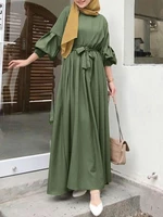 Women Kaftan Tunic Latern Sleeve Waistband Solid Color Midi Dress