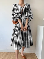 Puff Sleeve Grid Print Stitching V-neck Pleats Casual Dress For Women