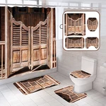 Old Wooden Door Retro Bath Pedestal Rug Lid Toilet Cover Mat Shower Curtain