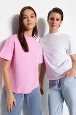 Trendyol Pink-White 2-Pack 100% Cotton Basic Stand Up Collar Knitted T-Shirt