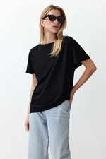 Trendyol Black Plain Relaxed Boat Neck Low Sleeve Knitted T-Shirt