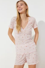 Trendyol Pink Floral Pointel Openwork/Perforated Knitted Pajamas Set