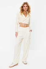 Trendyol Beige Crop Woven Lined Double Breasted Closure Blazer Jacket