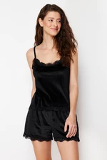 Trendyol Black Lace Detailed String Strap Velvet Knitted Pajama Set