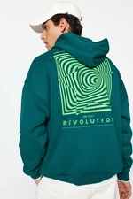 Trendyol Dark Green Oversize/Wide-Fit Maze Printed Fleece Inside Cotton Sweatshirt