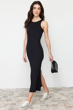 Trendyol černé přiléhavé šaty s barbell výstřihem, maxi délka, pružné, pletené, tužkový střih