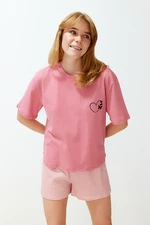 Trendyol Powder 100% Cotton Heart Knitted Pajamas Set